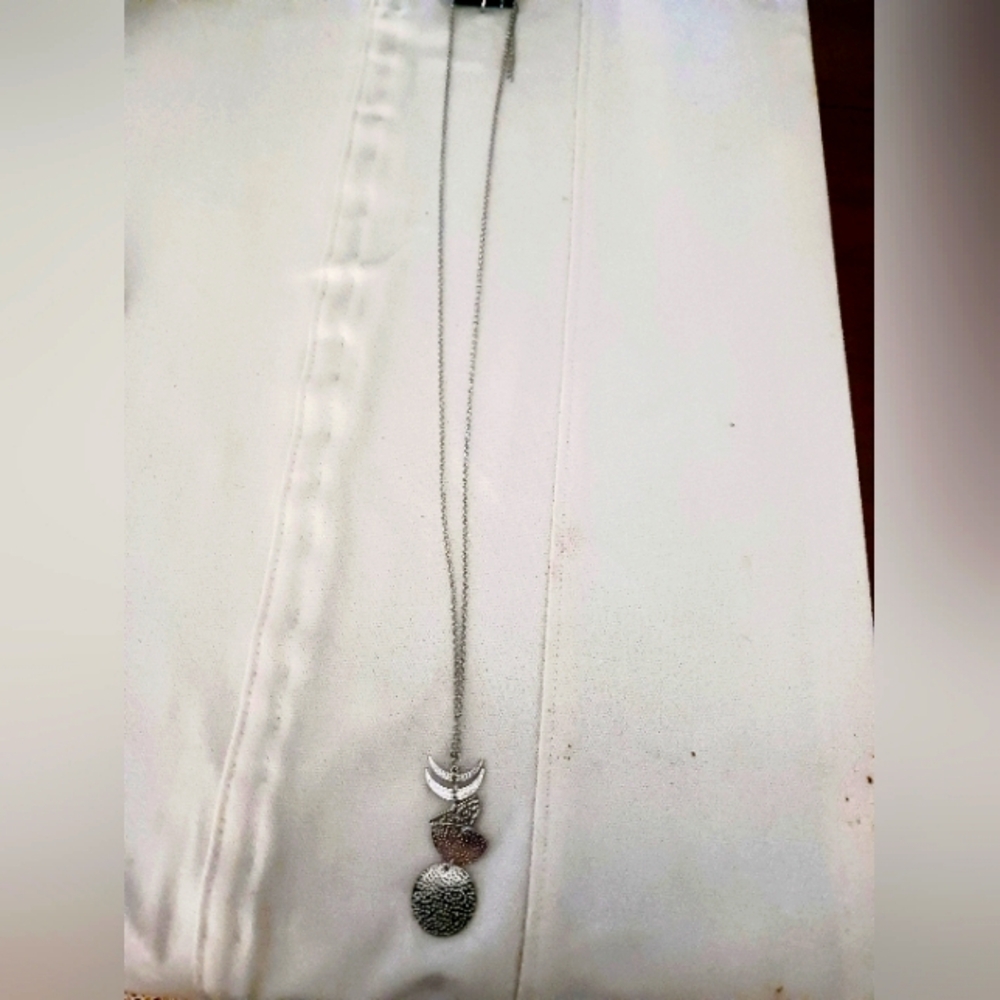 Elegant New Silver Pendant Necklace  Long With Crescent Moon J Hook Earrings.